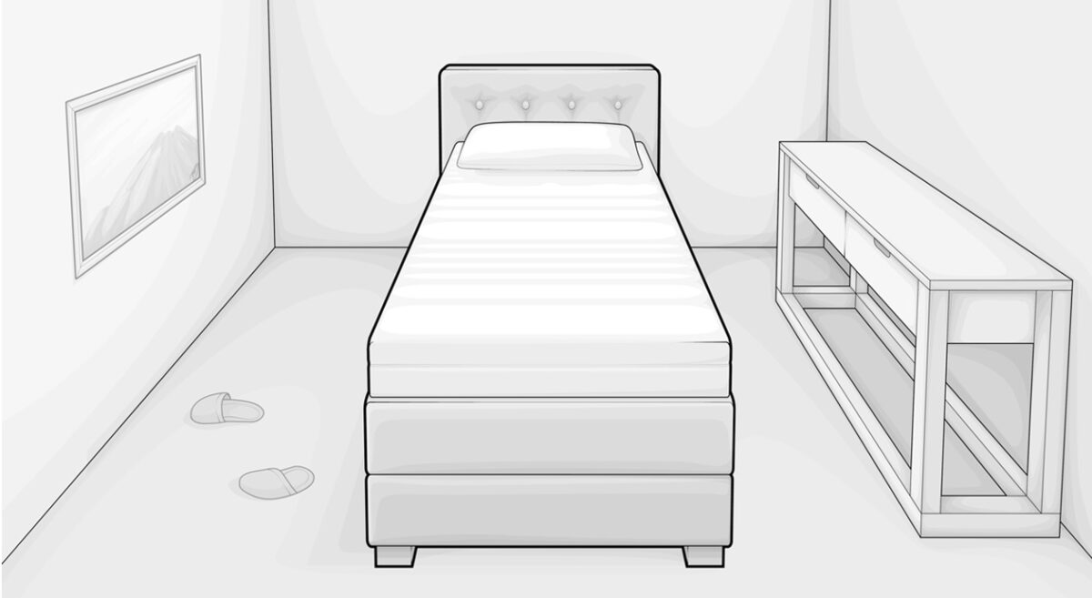 Illustration: Ein Boxspringbett 100x200 cm ist von hinten in voller Länge zu sehen. Es steht in einem schmalen Zimmer.