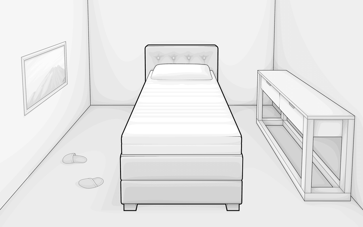 Illustration: Ein Boxspringbett 100x200 cm ist von hinten in voller Länge zu sehen. Es steht in einem schmalen Zimmer.
