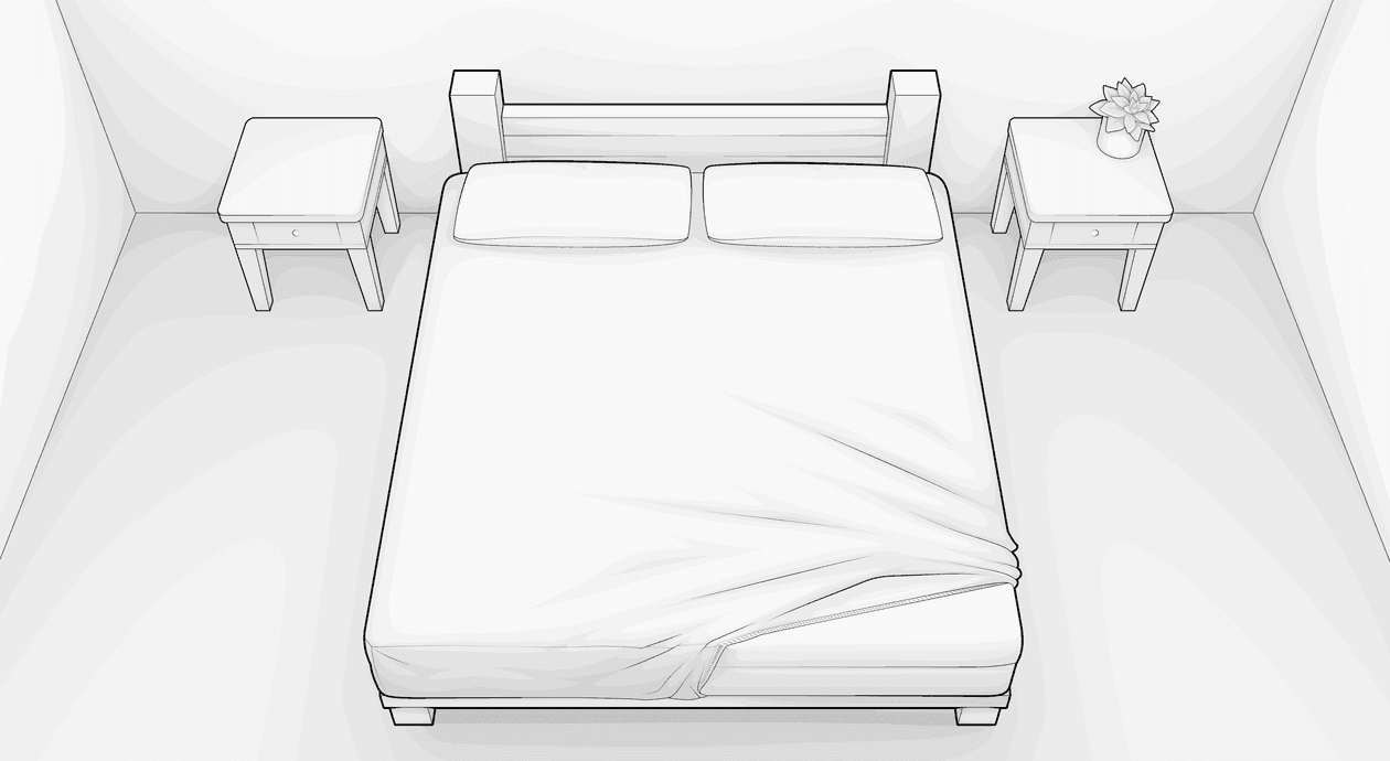 Illustration: Vogelperspektive auf ein Bett, das bis auf die untere rechte Ecke vollständig mit einem Spannbettlaken 160x200 überzogen ist.