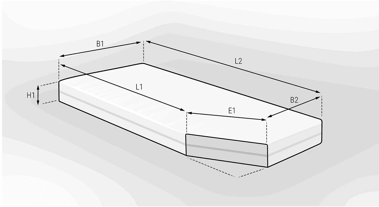 Illustration: Eine nach Maß angefertigte Matratze mit verschiedenen Maßangaben, an der die obere Ecke zugeschnitten wurde.