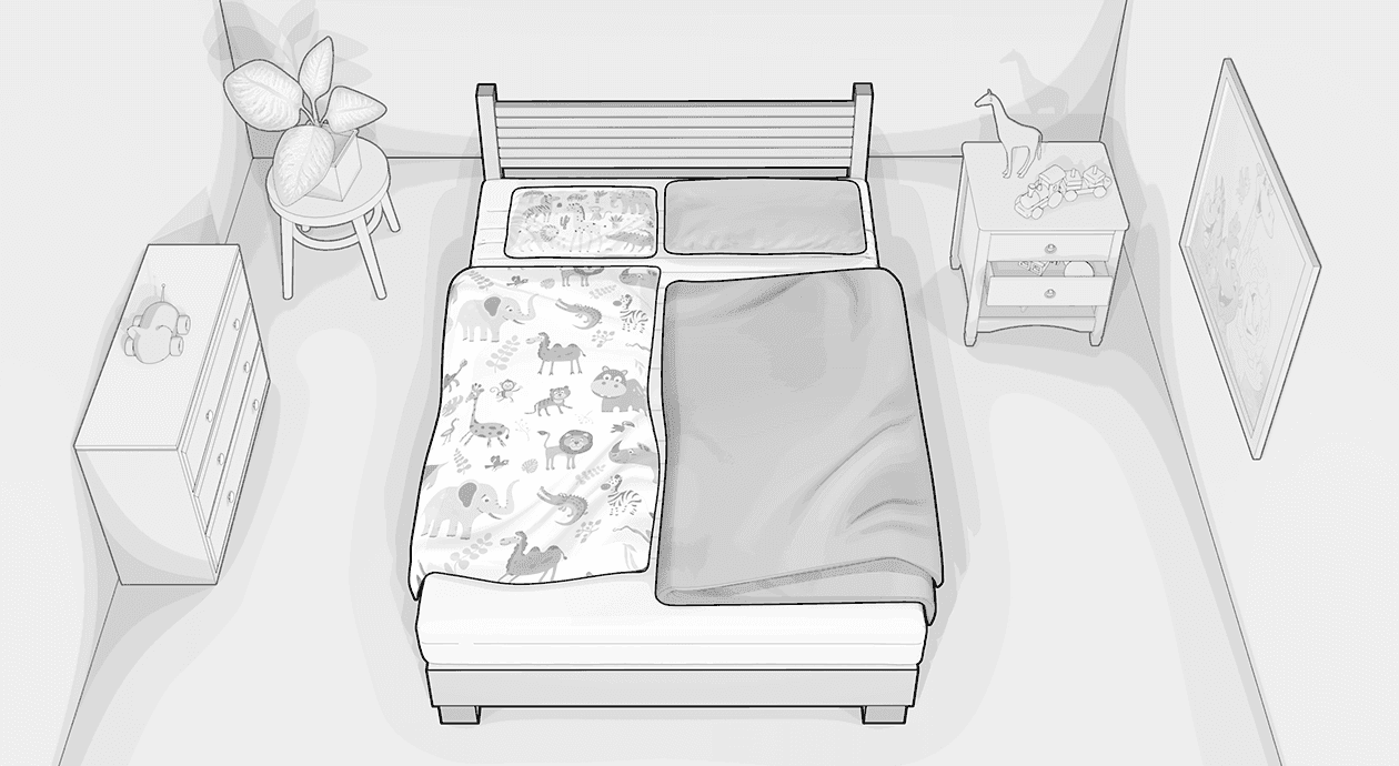 Illustration: Ein Bett in einem Schlafzimmer. Auf der Linken Seite der Matratze liegt Bettzeug in Kinderbettwäsche 100x135, auf der rechten Seite Bettdecke und Kissen in Erwachsenengröße.