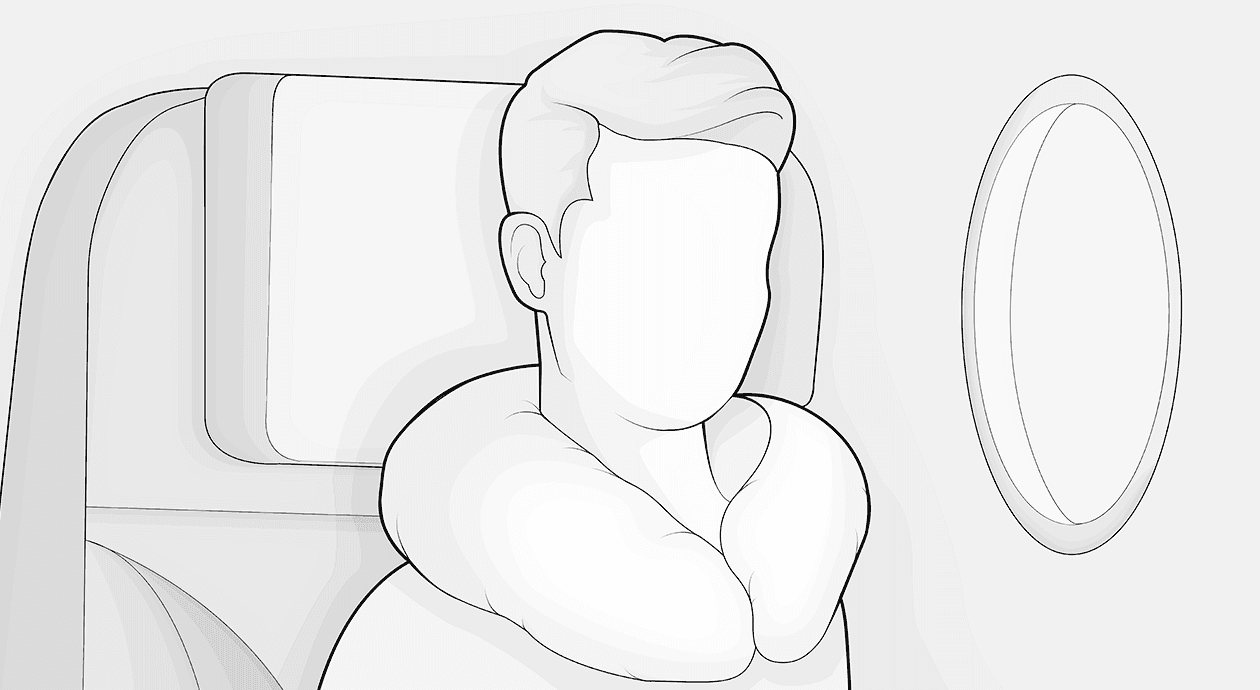 Illustration: Eine Person sitzt auf dem Fensterplatz eines Verkehrsflugzeugs und hat ein Nackenhörnchen um den Hals.