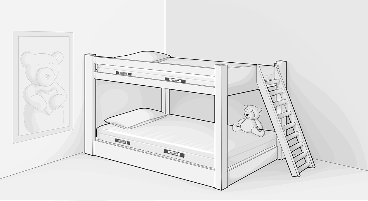 Illustration: Ein Etagenbett steht in einer Zimmerecke. Auf der unteren Matratze lehnt ein Stoffbär an der Wand. An einer Wand ist ein Gemälde mit einem Teddybären