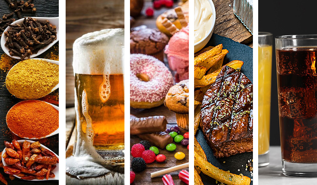 Foto-Collage: Verschiedene Lebensmittel nebeneinander: Gewürze, Bier, Donut, Pommes, Fleisch und Cola