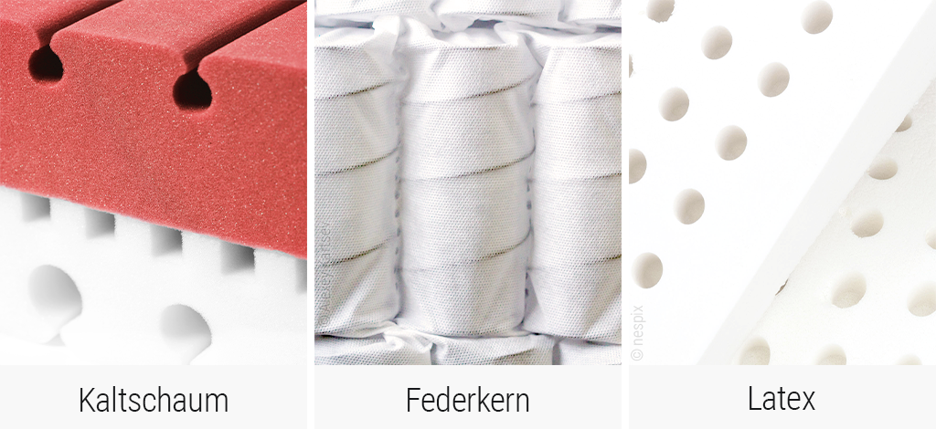 Drei Fotos nebeneinander, von links: Kaltschaum, Federkern, Latex