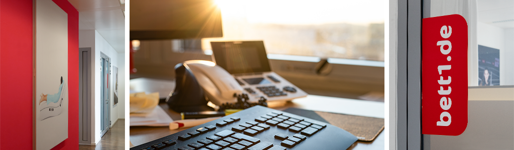 Ein dreigeteiltes Foto: Links und rechts Ausschnitte von Gängen und Fenstern in einem Büro. In der Mitte Telefon und Tastatur auf einem von der Sonne beschienenen Schreibtisch.