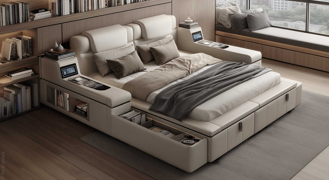 Modernes Polsterbett mit integrierten Regalen und Stauraum in einem hellen Schlafzimmer. Im Rahmen des Bettes sind Tablets eingebaut.