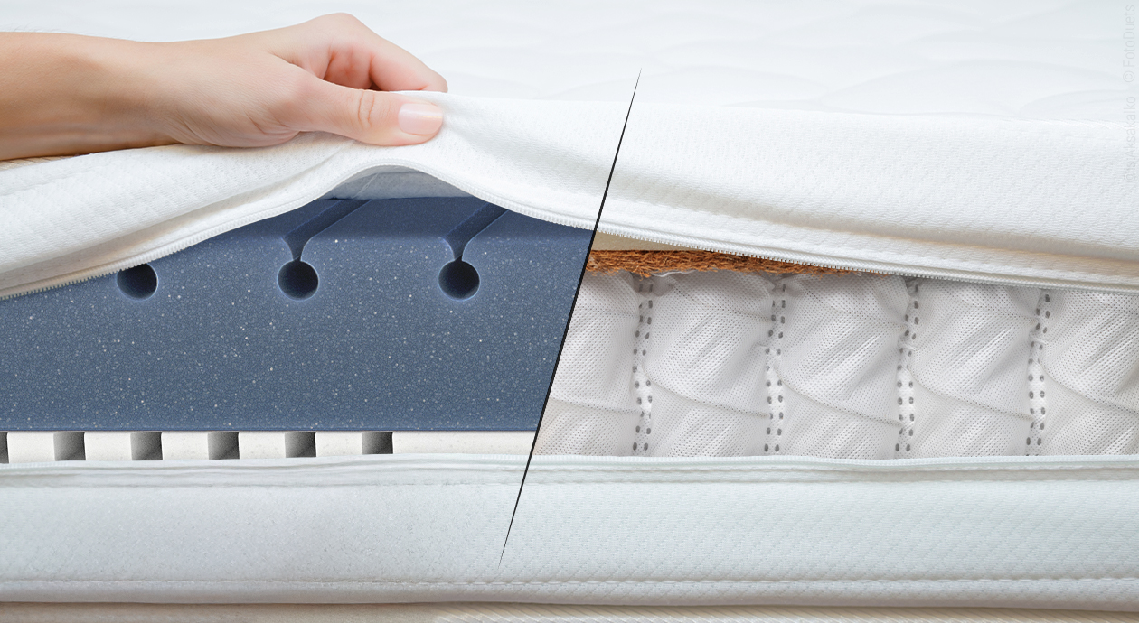 Das Innere einer Matratze. Links ein Kern aus Kaltschaum, rechts ein Kern aus Taschenfedern.