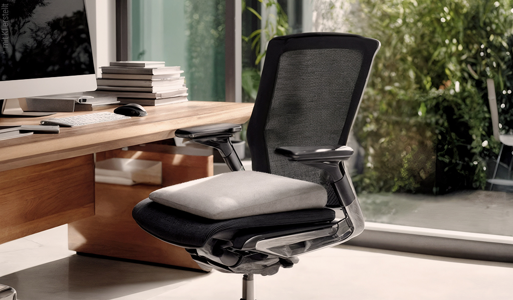 Foto: Ein Keilkissen liegt auf einem Bürostuhl. Daneben ein Schreibtisch, auf dem sich Bücher, Tastatur, Maus und Bildschirm befinden.