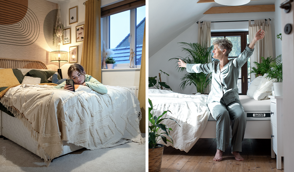 Zwei Fotos nebeneinander: Links liegt eine junge Person mit Handy in der Hand auf einem Einzelbett, rechts sitzt eine ältere Person auf der Bettkante und streckt sich. 