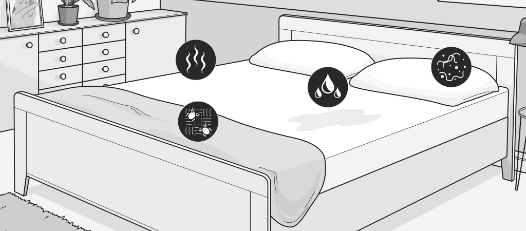 Illustration: Bett im Schlafzimmer mit Icons, die Gerüche, Milben, Feuchtigkeit und Keime symbolisieren.