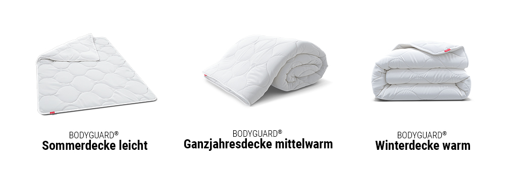 Die ausgebreitete BODYGUARD Sommerdecke leicht.
Die zusammengerollte BODYGUARD Ganzjahresdecke mittelwarm.
Die gefaltete BODYGUARD Winterdecke warm.