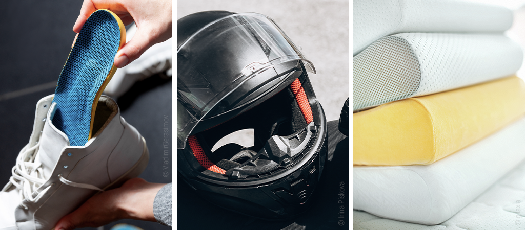 Dreigeteiltes Bild: Links ein Schuh mit Einlegesohle, in der Mitte ein Motorradhelm, rechts ein Stapel Memory-Schaum-Kissen